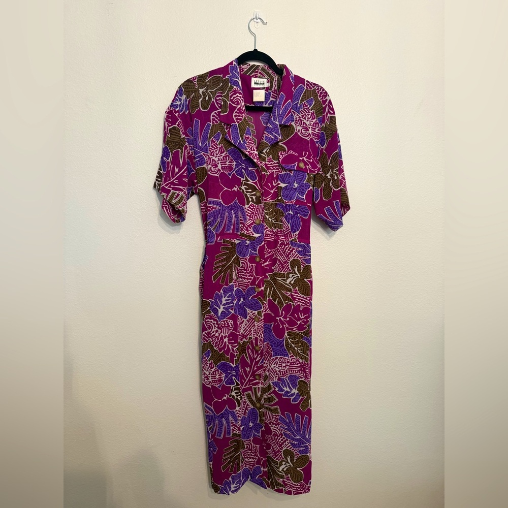 Leslie Fay Vintage Purple floral button down dress size L/14 vacation sheer